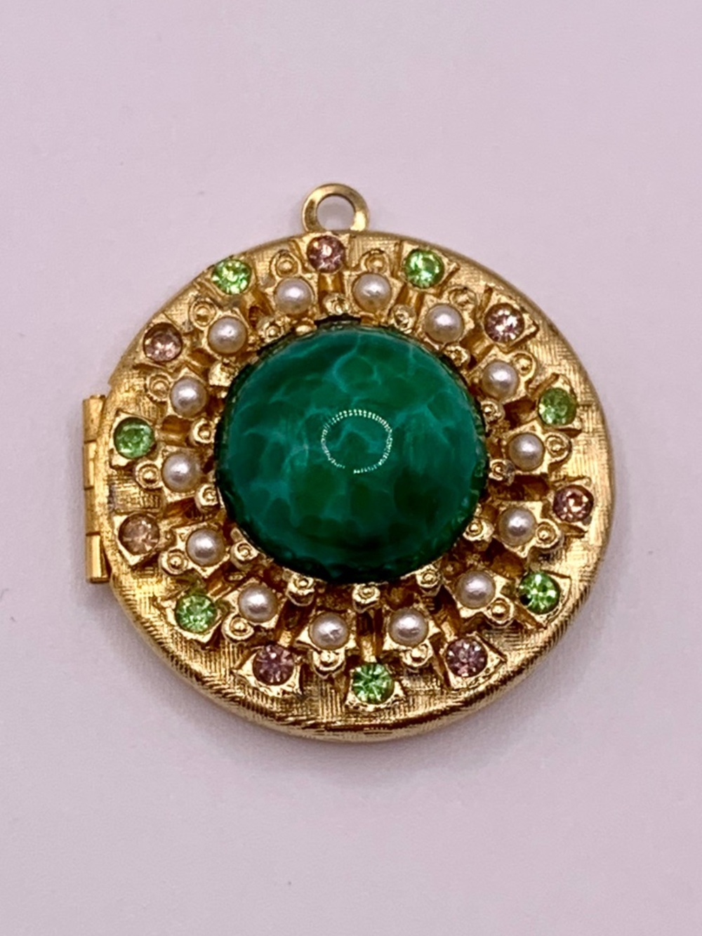 Marbled Green Glass Cabochon Perfume Locket Pearl and Rhinestone Accents
